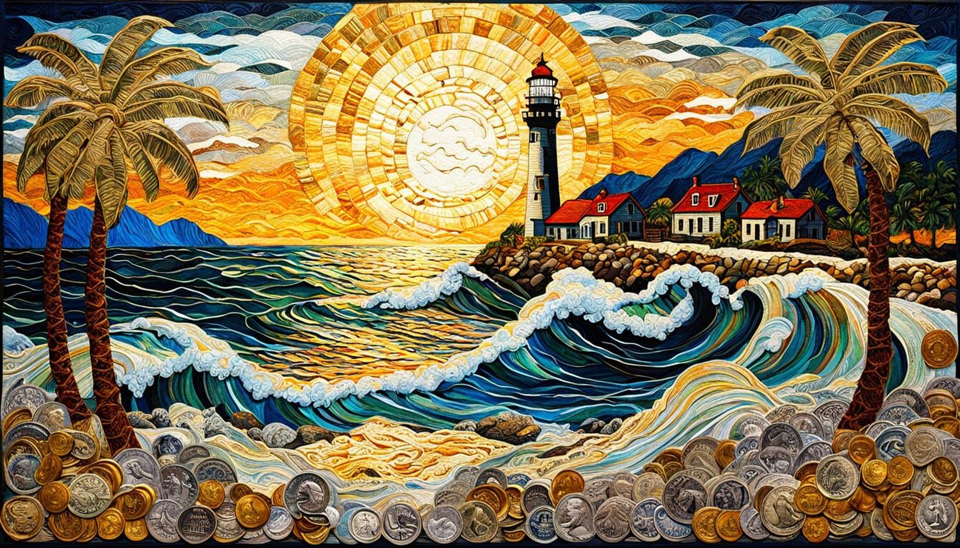 Intricate Gold Coin & Money Collage Seascape with Lighthouse