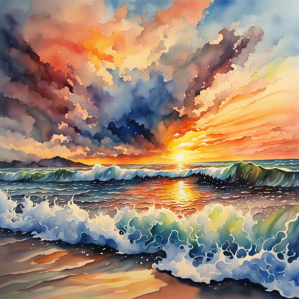 Hyperrealistic Watercolor Sunset Beach Splash Art