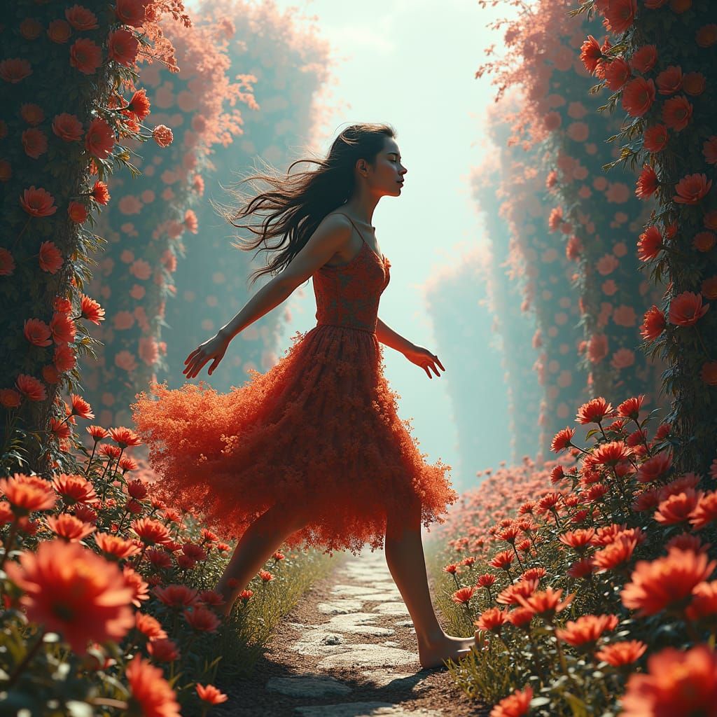 Man in Floral Dress Running on Flower Wall