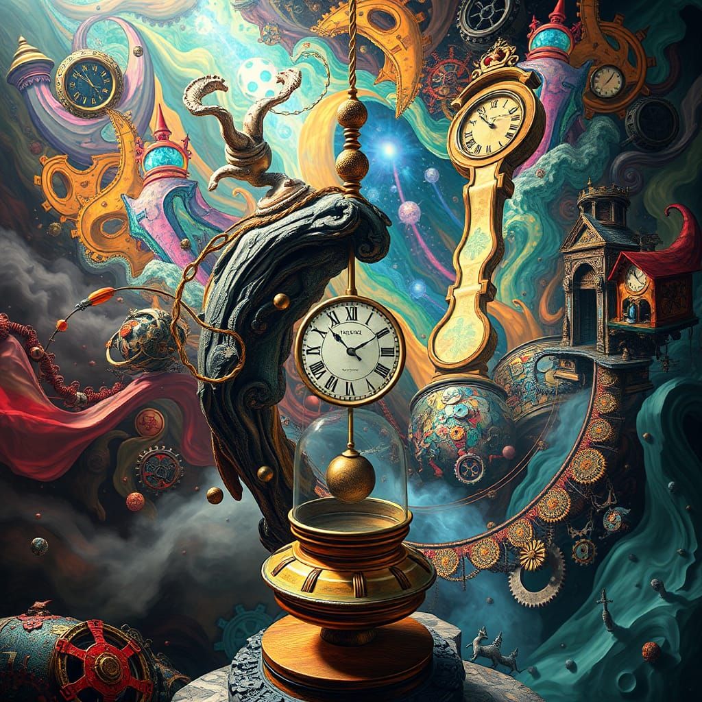Surrealist Time Pendulum in Psychedelic Dreamscape