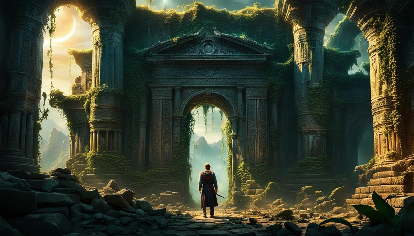 Mystical Temple Explorer During Solar Eclipse