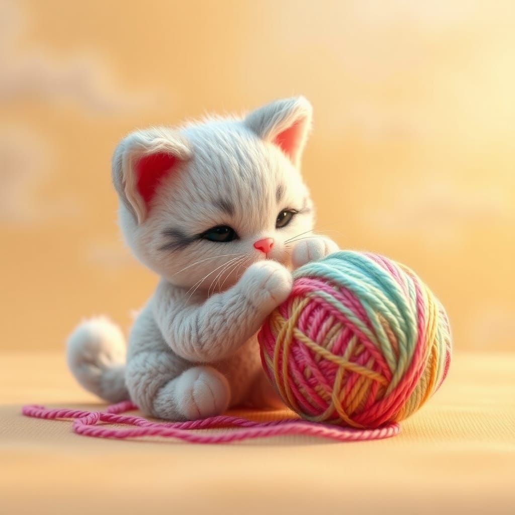 Adorable Knitted Yarn Kitten with Yarn Ball