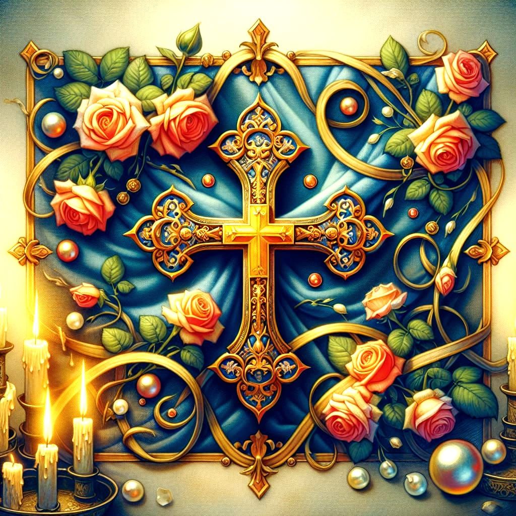Blue Banner with Cross and Roses in Oil Painting Style