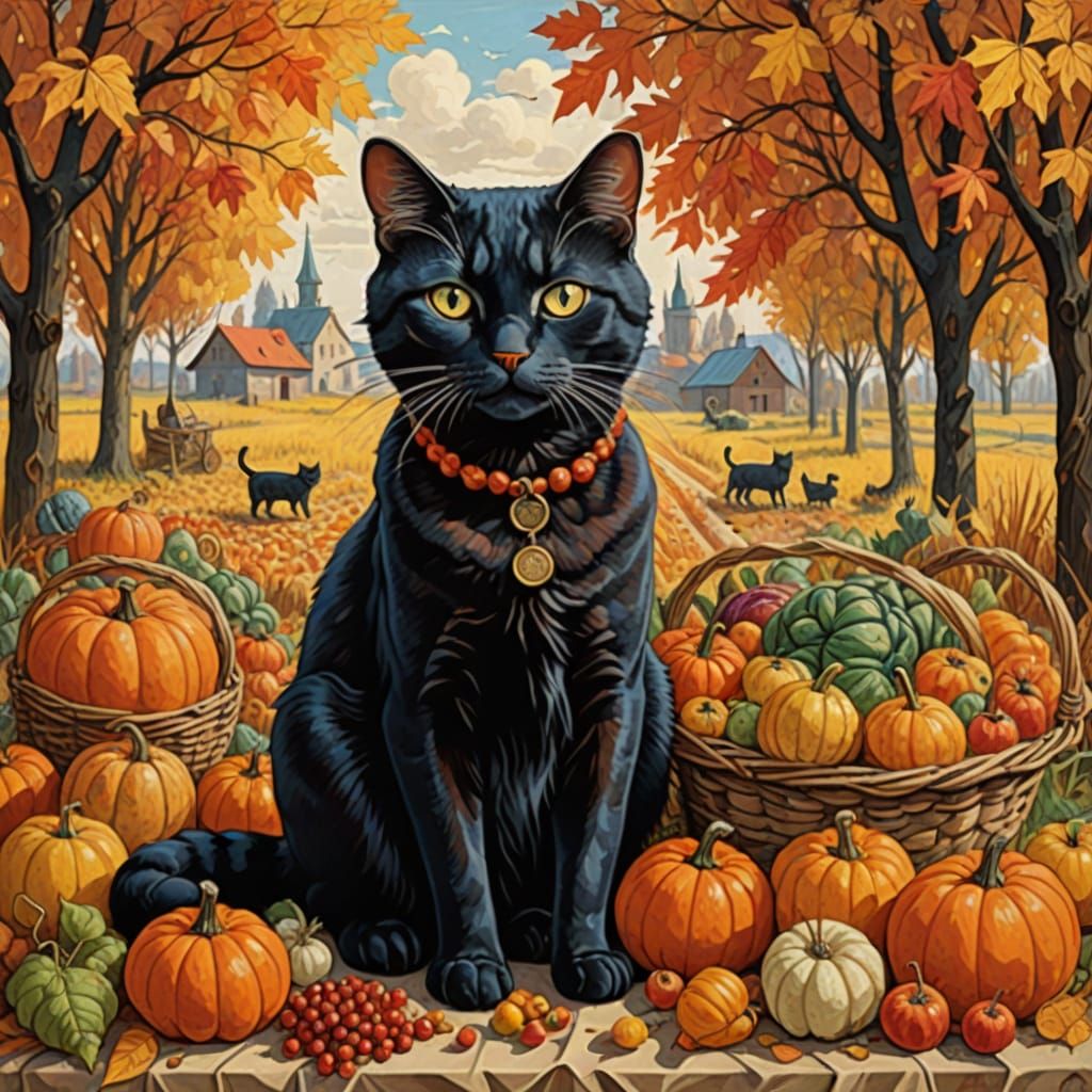 Cat With Autumn Harvest In Style Of Filonov And Rabin