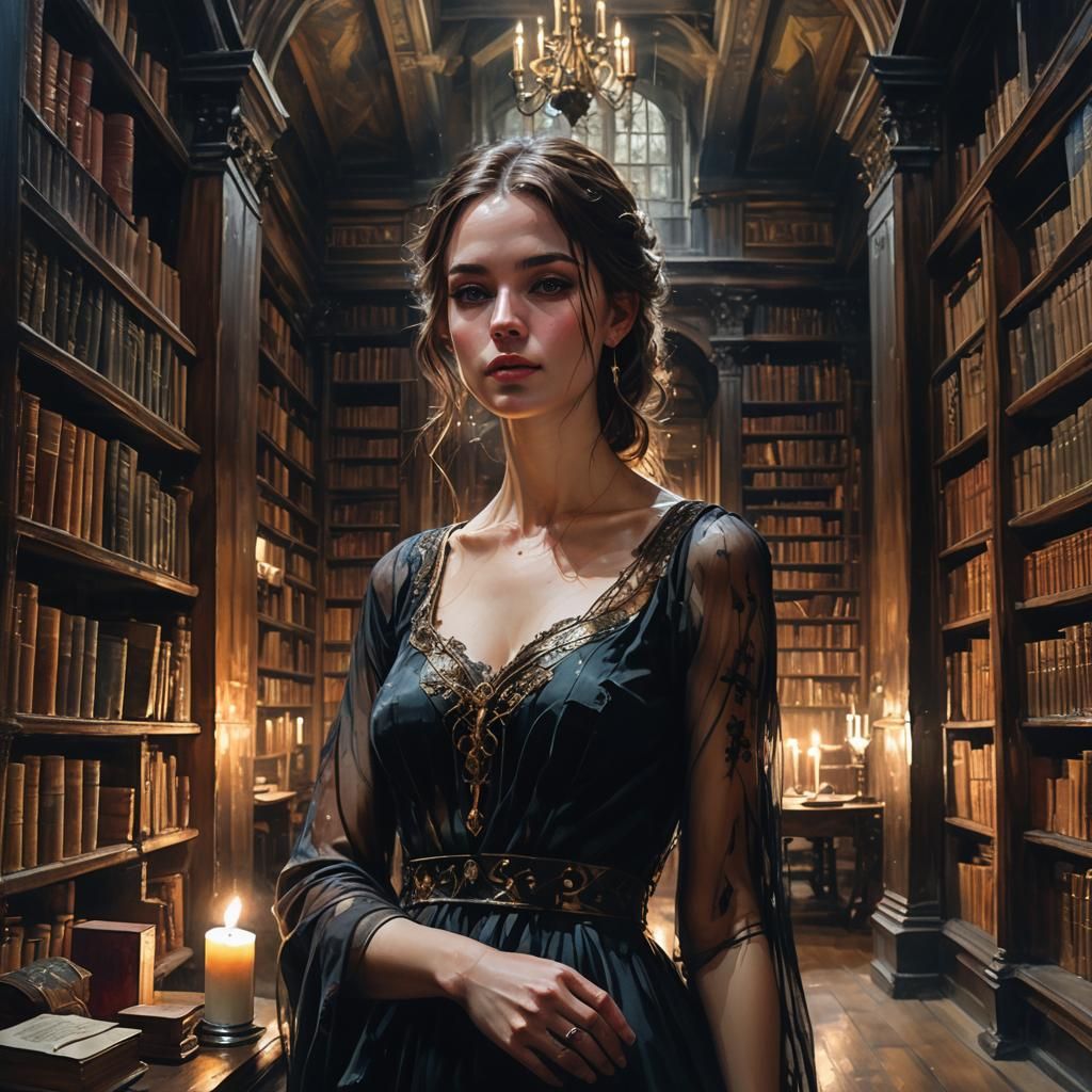 Woman with Candle in Dark Ancient Library