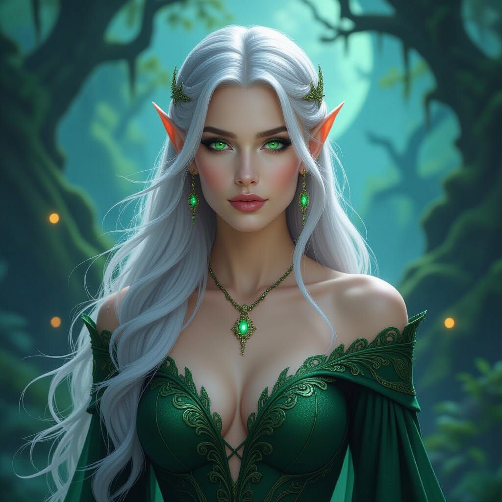 Beautiful Elven Woman in Moonlit Forest