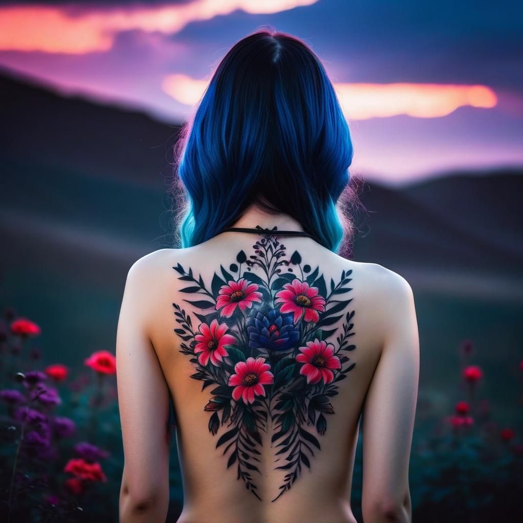 Girl with Floral Tattoo in Fantasy Landscape