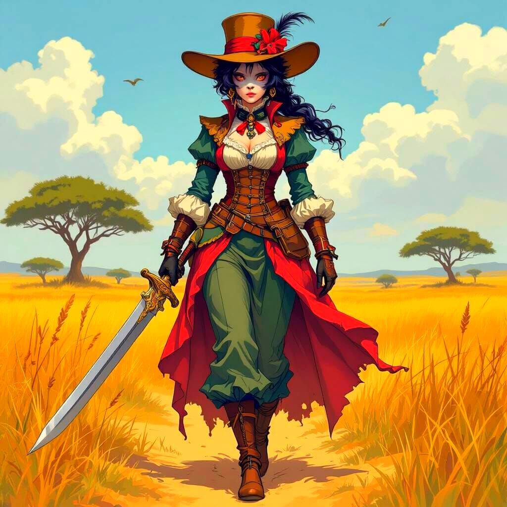 Baboon-featured Victorian Lady on Savannah, Fantasy Art