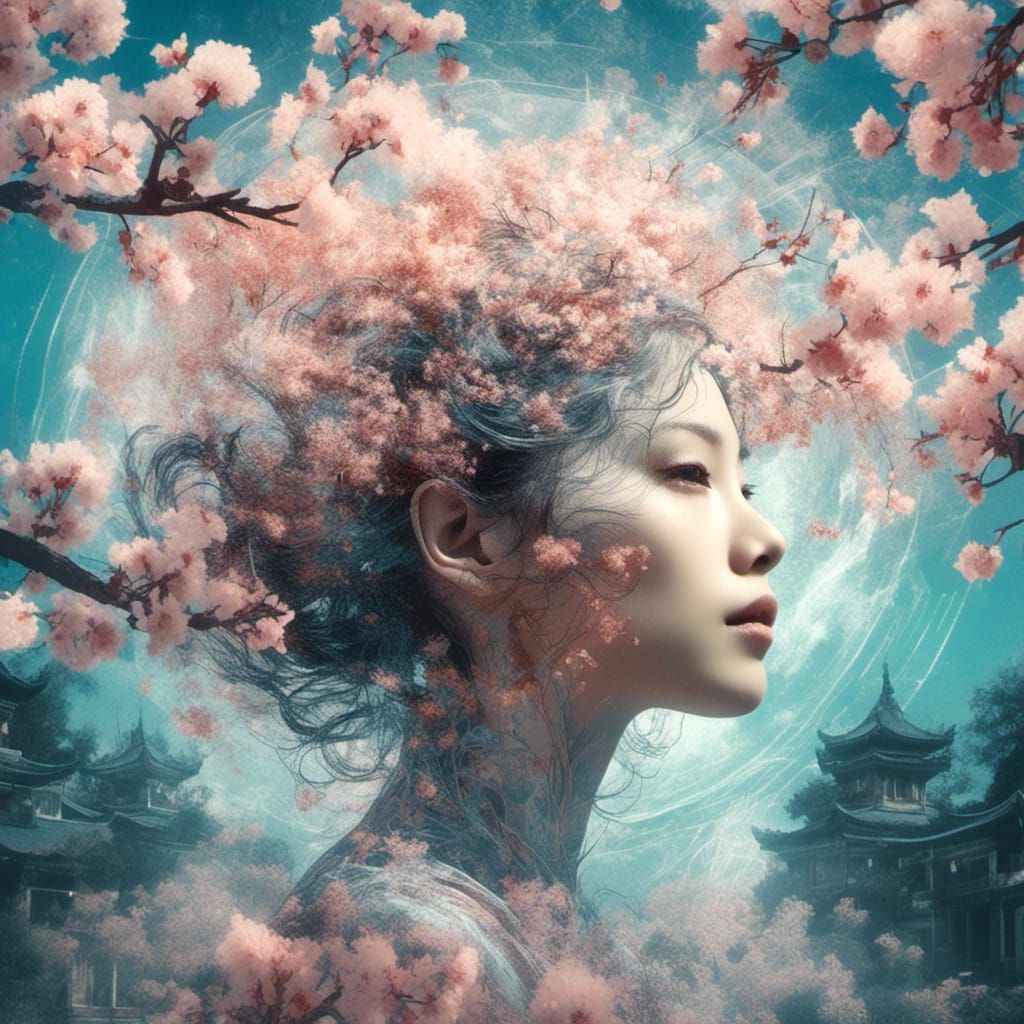 Ethereal Double Exposure Portrait in Art Nouveau Style
