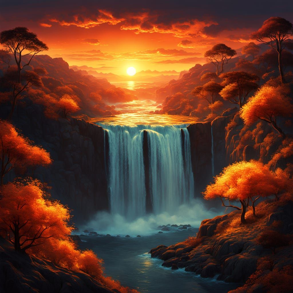 Surreal Waterfall from Giant Sunset Over Sea