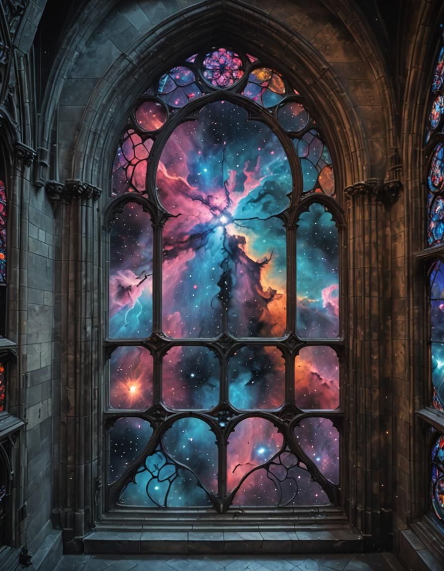 Nebula Viewed Through Gothic Window On Spaceship