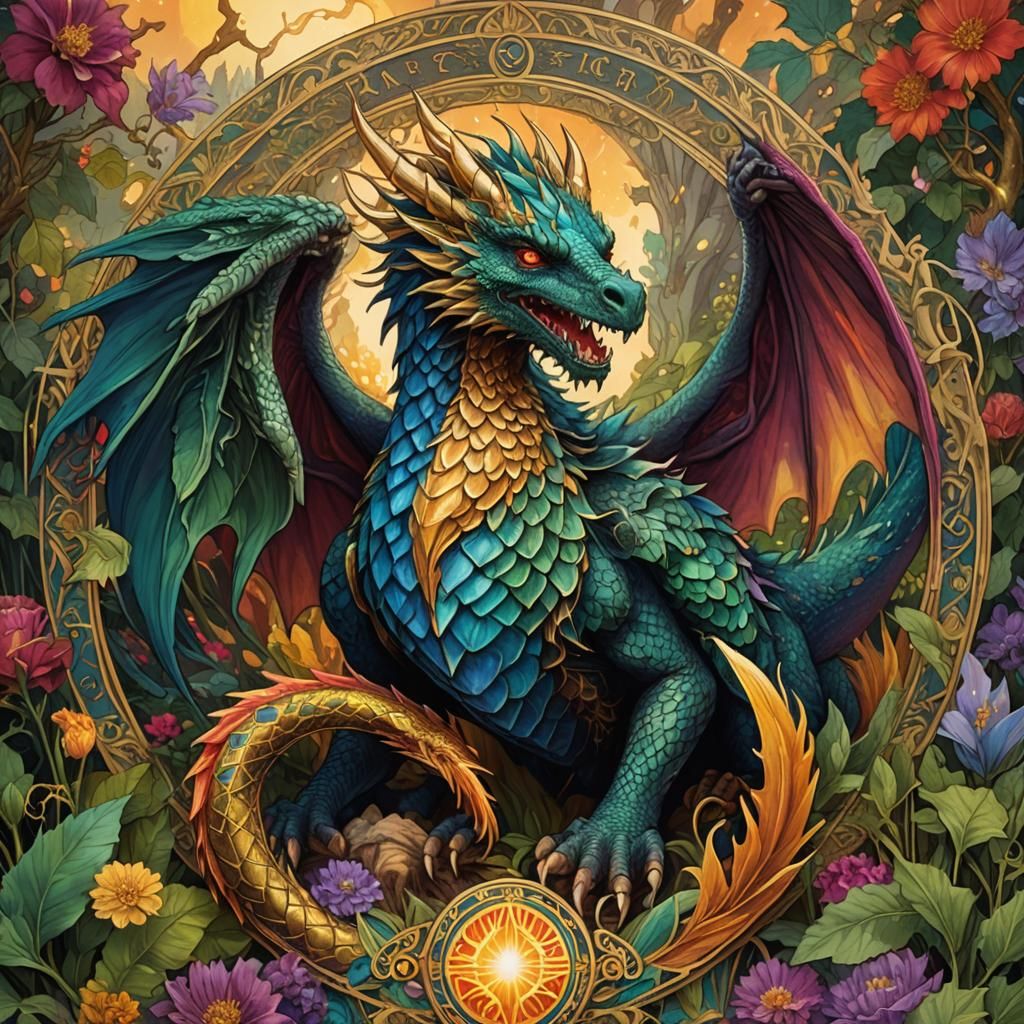 Mystical Tarot Card with Dragon and Phoenix