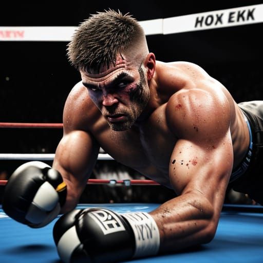 A defeated boxer knocked down lying in the ring with a bruis...