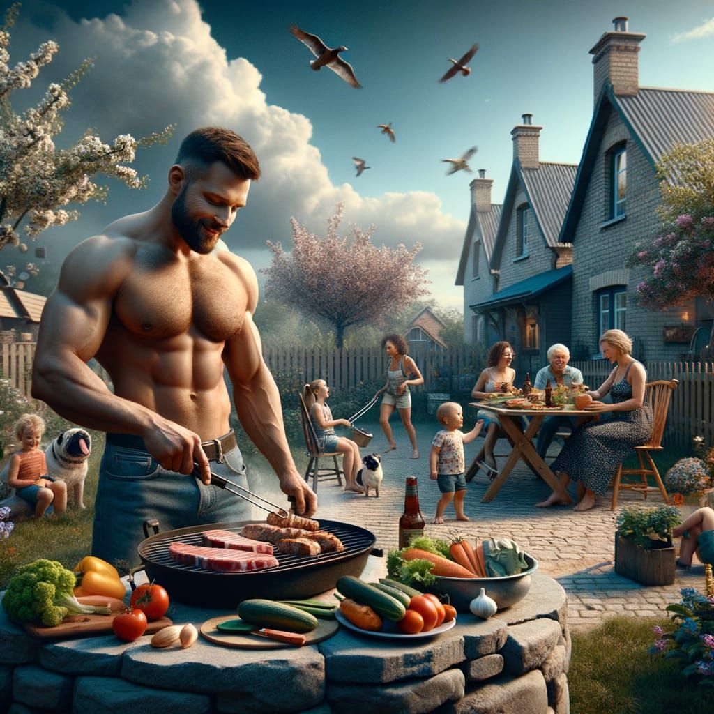 Family BBQ in Quaint Village, Cinematic Film Aesthetic