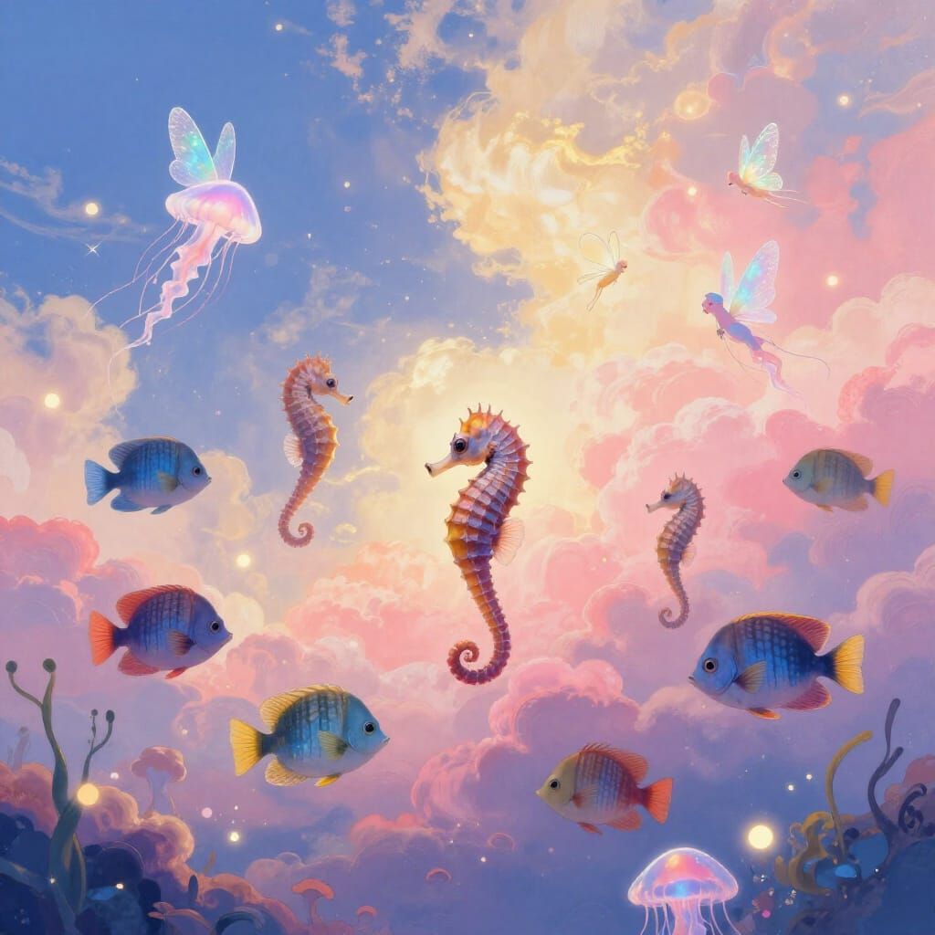 Whimsical Underwater Sky with Fairies and Tropical Fish