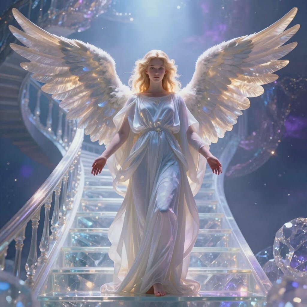 Hyperrealistic Angel on Crystal Staircase in Celestial Void
