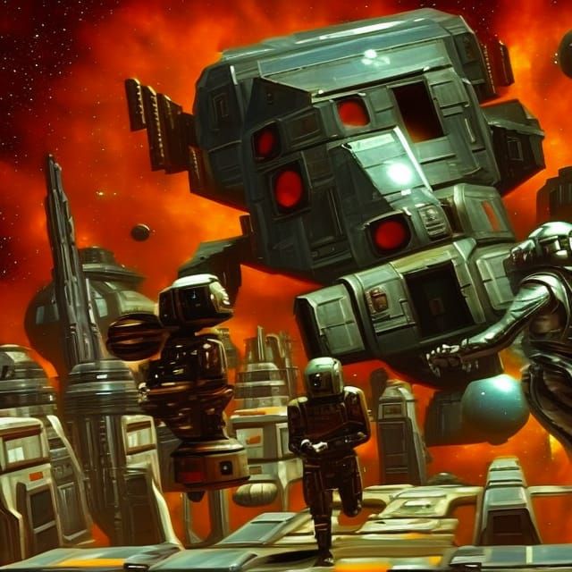 Droid Pursues Woman: Vintage Sci-Fi Oil Painting