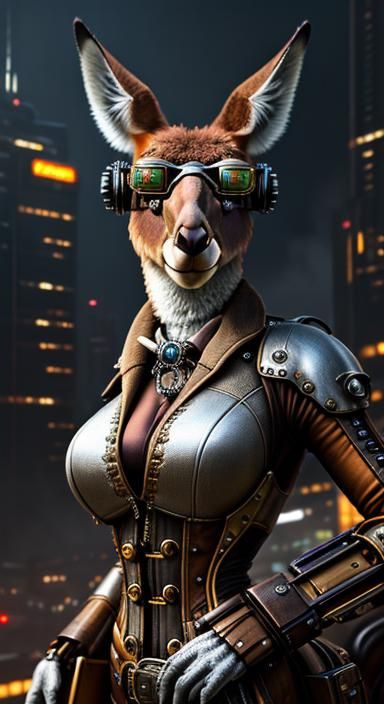 Steampunk Cybernetic Kangaroo Portrait with Aviation Goggles