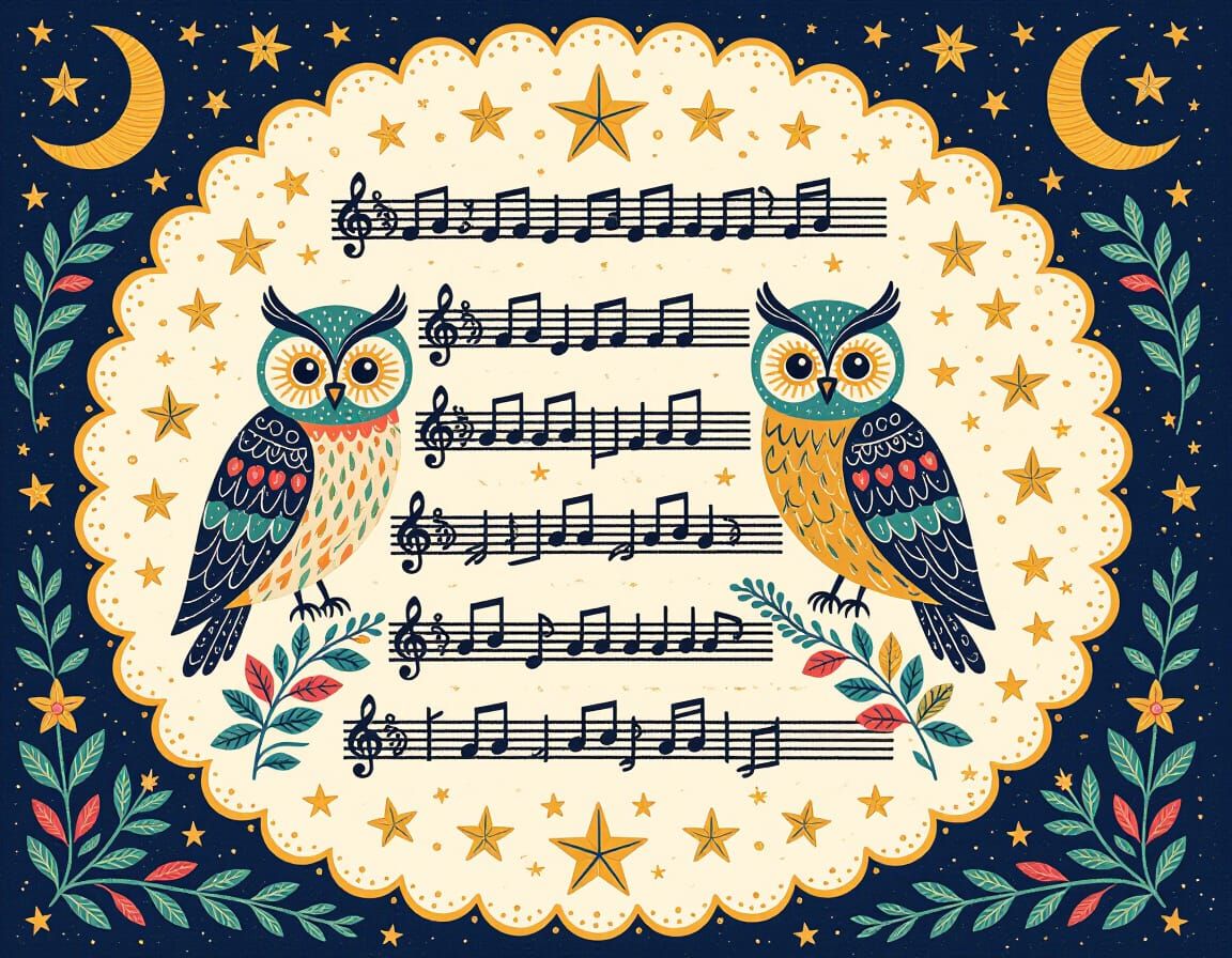 Embroidered Folk Art Music Sheet with Owls