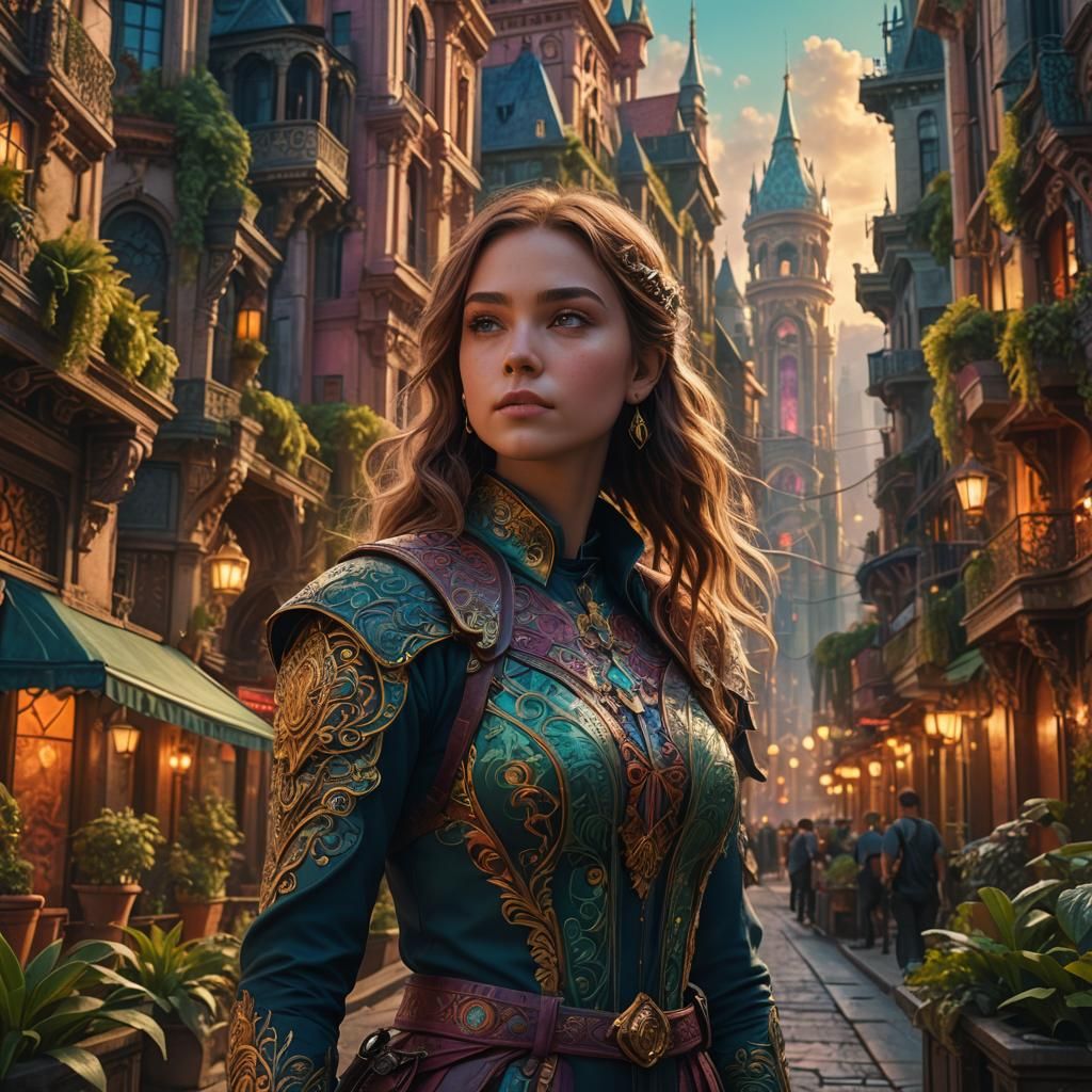Confident Girl in Ornate Cityscape: Fantasy Concept Art