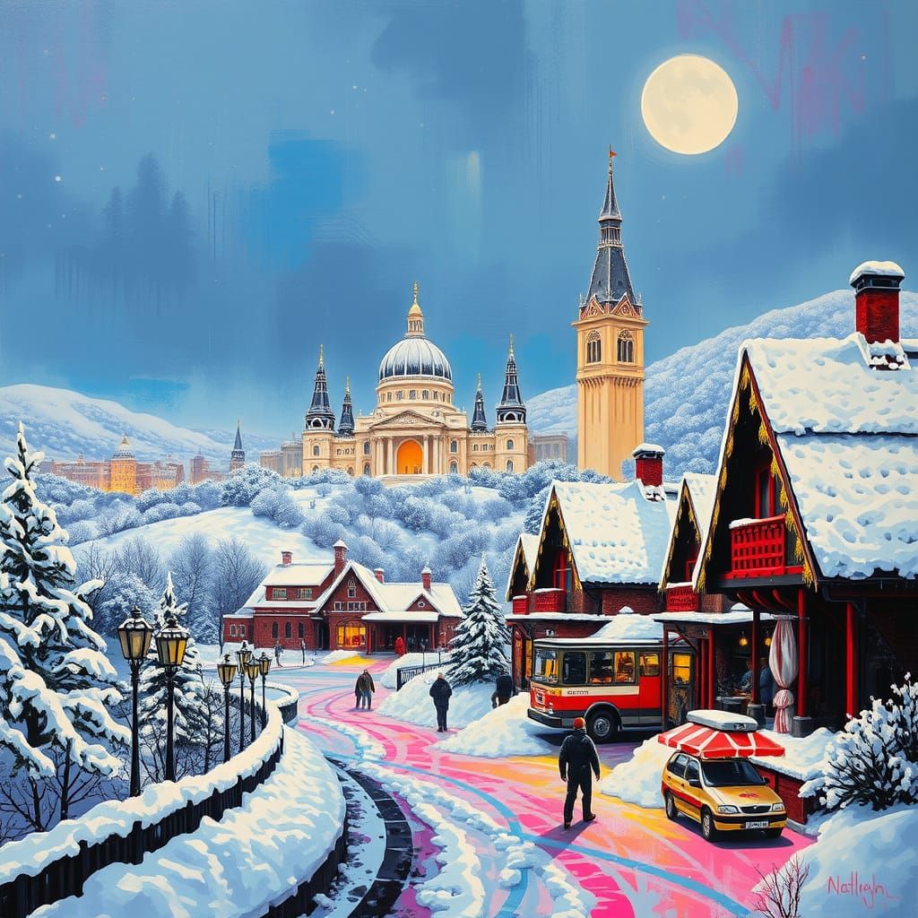 Winter Landscape with Graffiti Art in Polychromatic Style