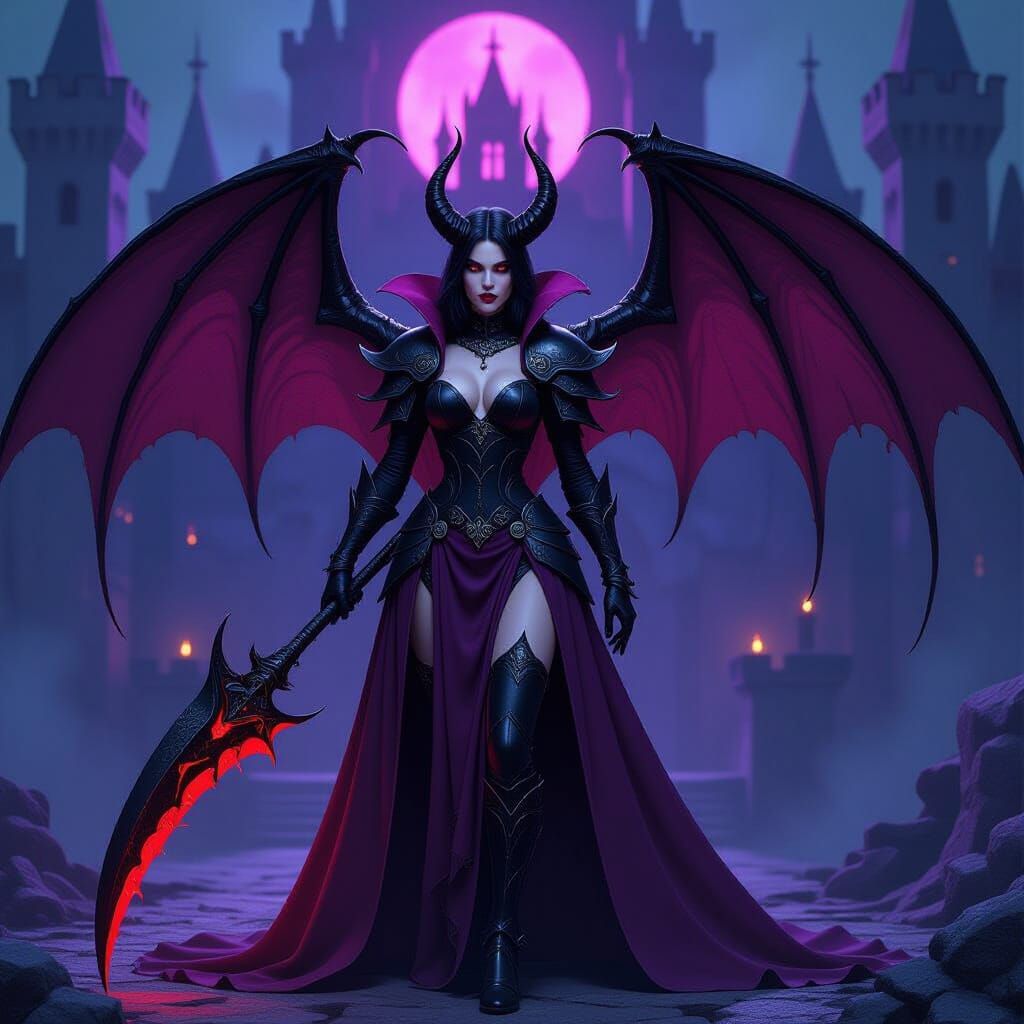 Demon Queen in Dark Castle with Crimson Cloak and Scythe