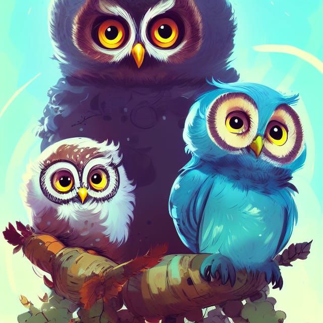 Adorable Fluffy Baby Owl Family Portrait in Chibi Style