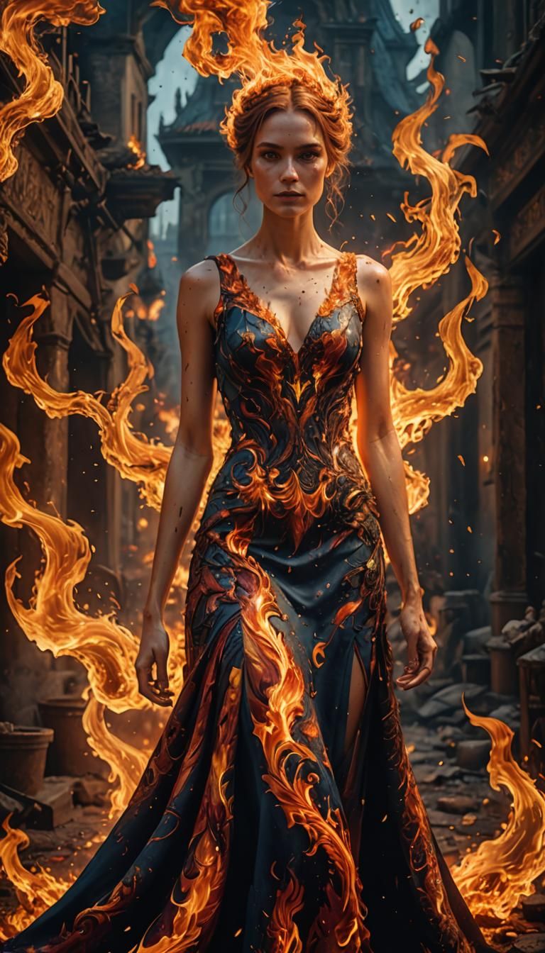 Woman in Fire Dress, Alcohol Painting