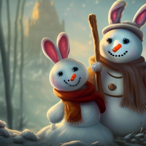 Snowman and Bunny Rabbit Fantasy Concept Art