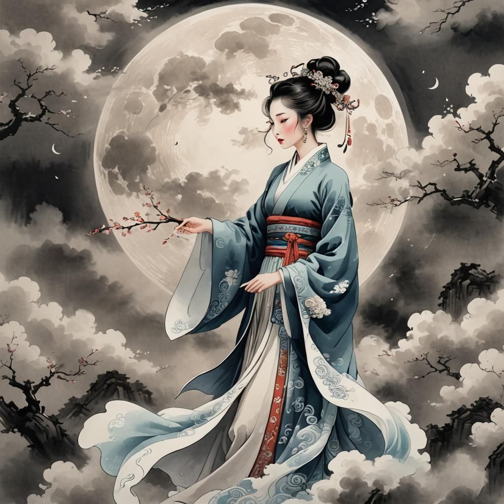 Elegant Woman in Traditional Chinese Attire Ink Painting