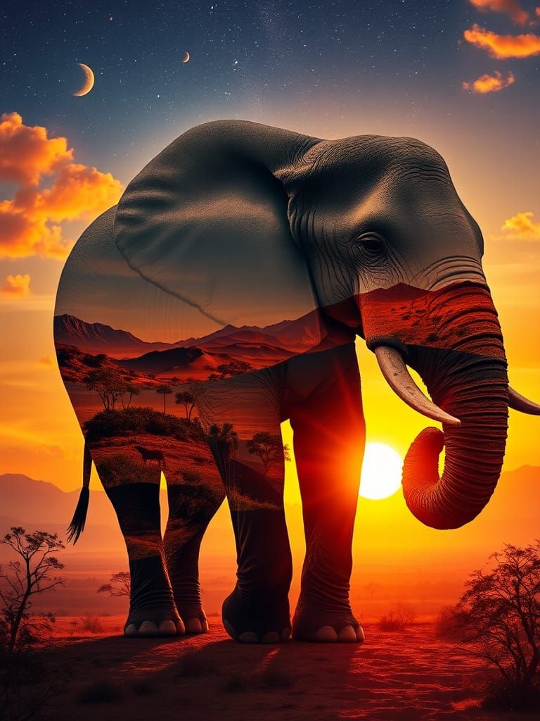 Majestic Elephant Double Exposure: Surreal African Landscape