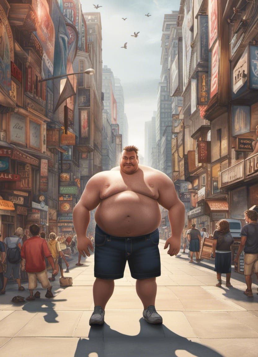 Overweight Muscular Man Domination of Miniature City