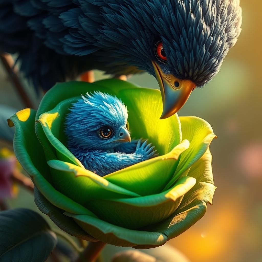 Blue Eagle Chick in Rose, Matte Painting Style