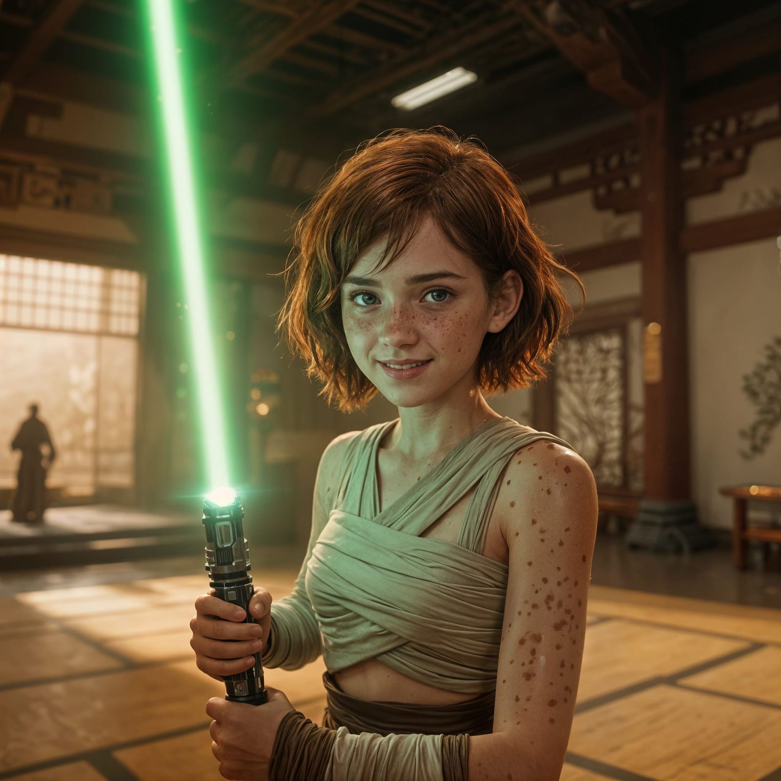 Freckled Teenager with Lightsaber in Star Wars Dojo