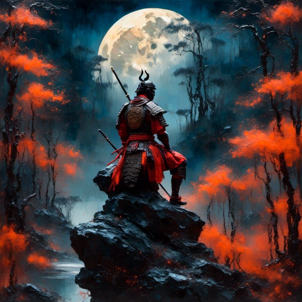 Samurai Warrior in Forest Under Red Moon
