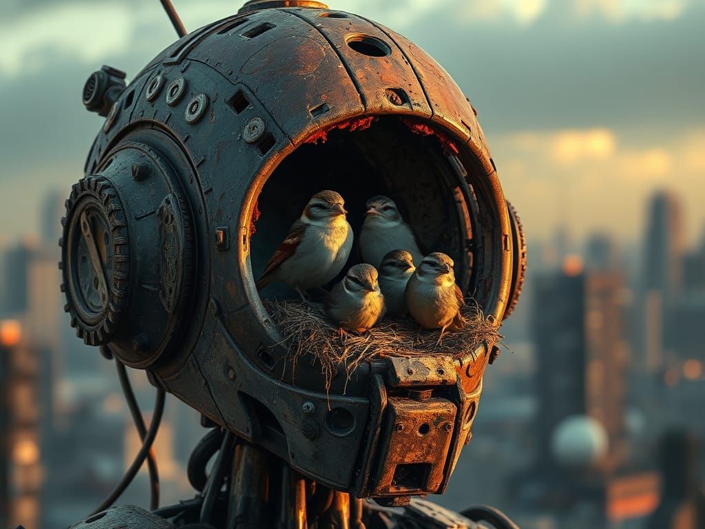 Sparrows Nest in Robot Head, Post-Apocalyptic City