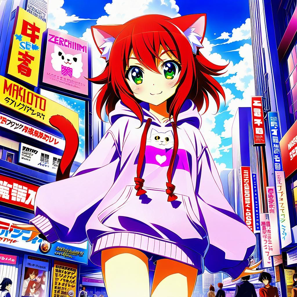 Adorable Anime Cat-Woman in Shibuya, Manga Style