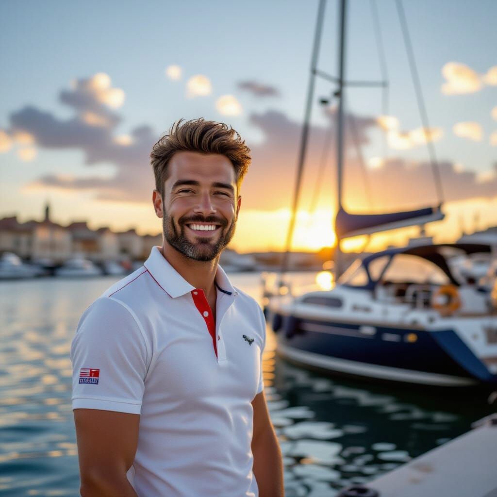 Smiling Man in La Rochelle Harbor, Hyperrealistic Style