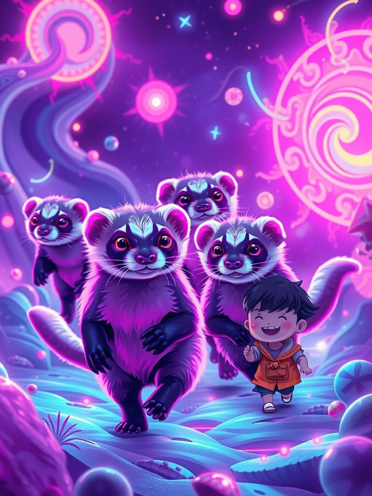 Neon Ferrets and Chibi Children in Synthwave Style