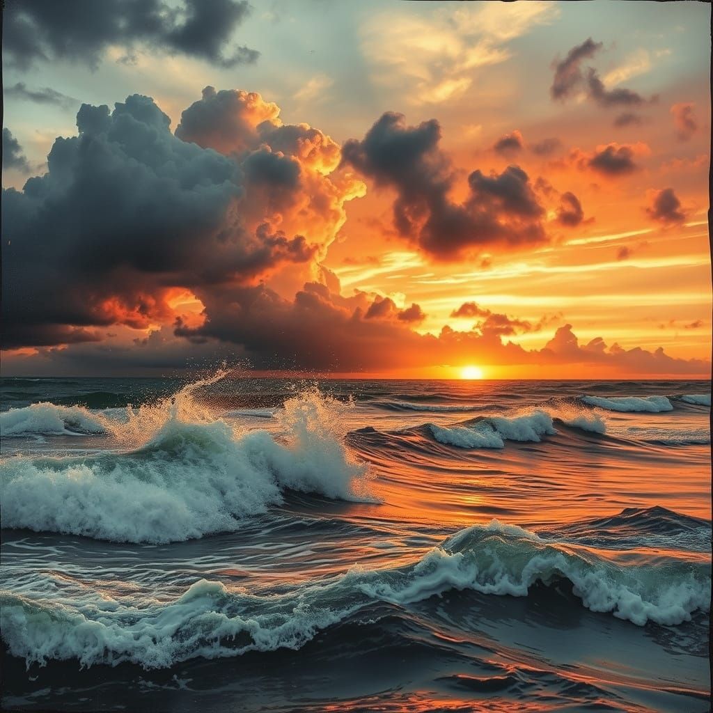 Waves and Storms Double Exposure in Xylography Style