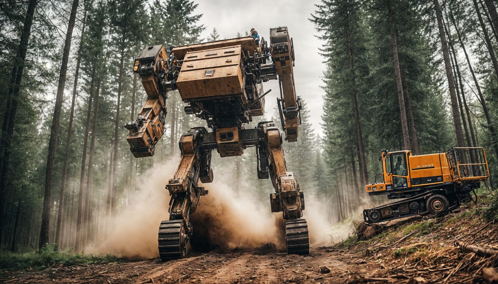 Man Drives Mech Harvesting Logs in Forest