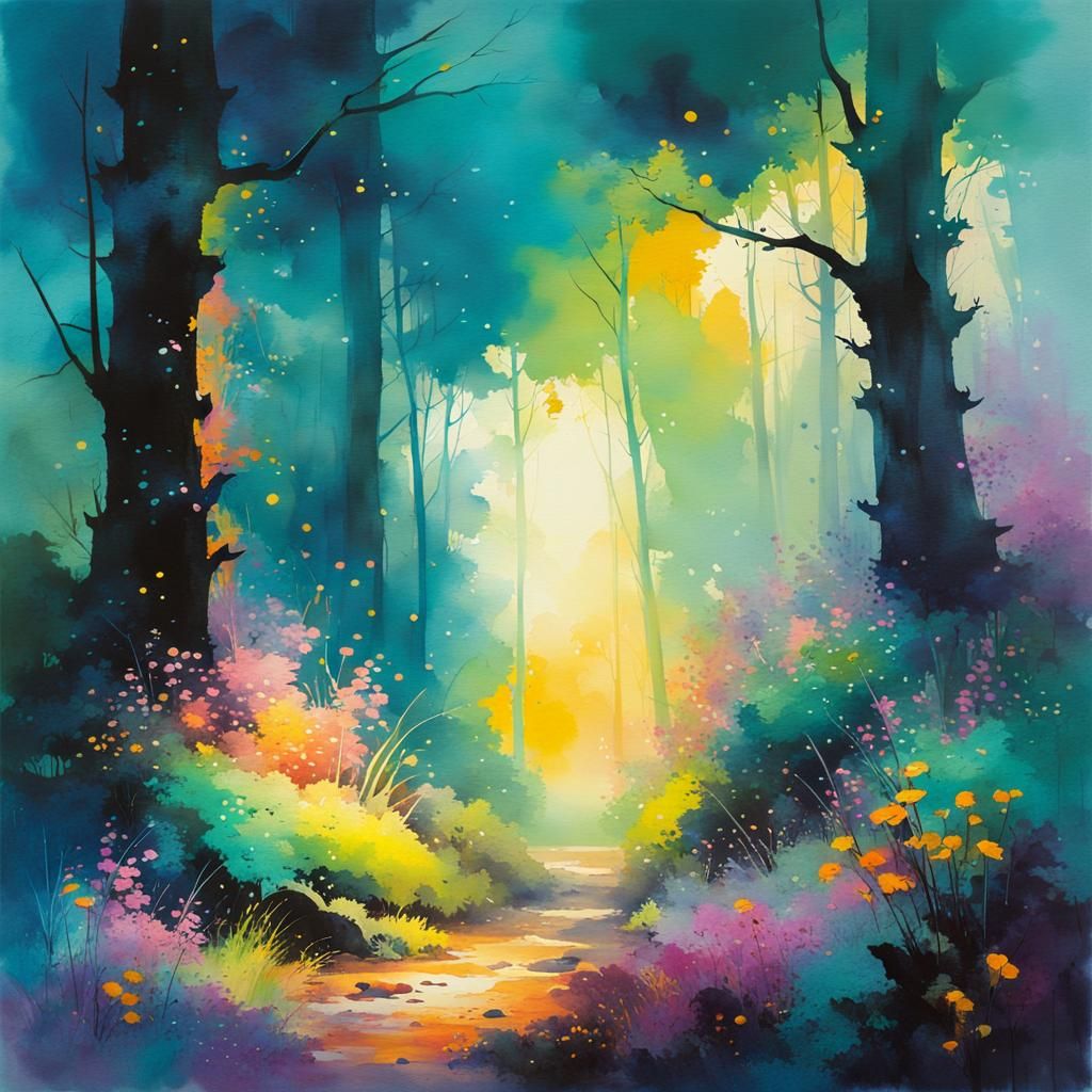 Enchanted Forest with Glowing Plants, Watercolor Painting