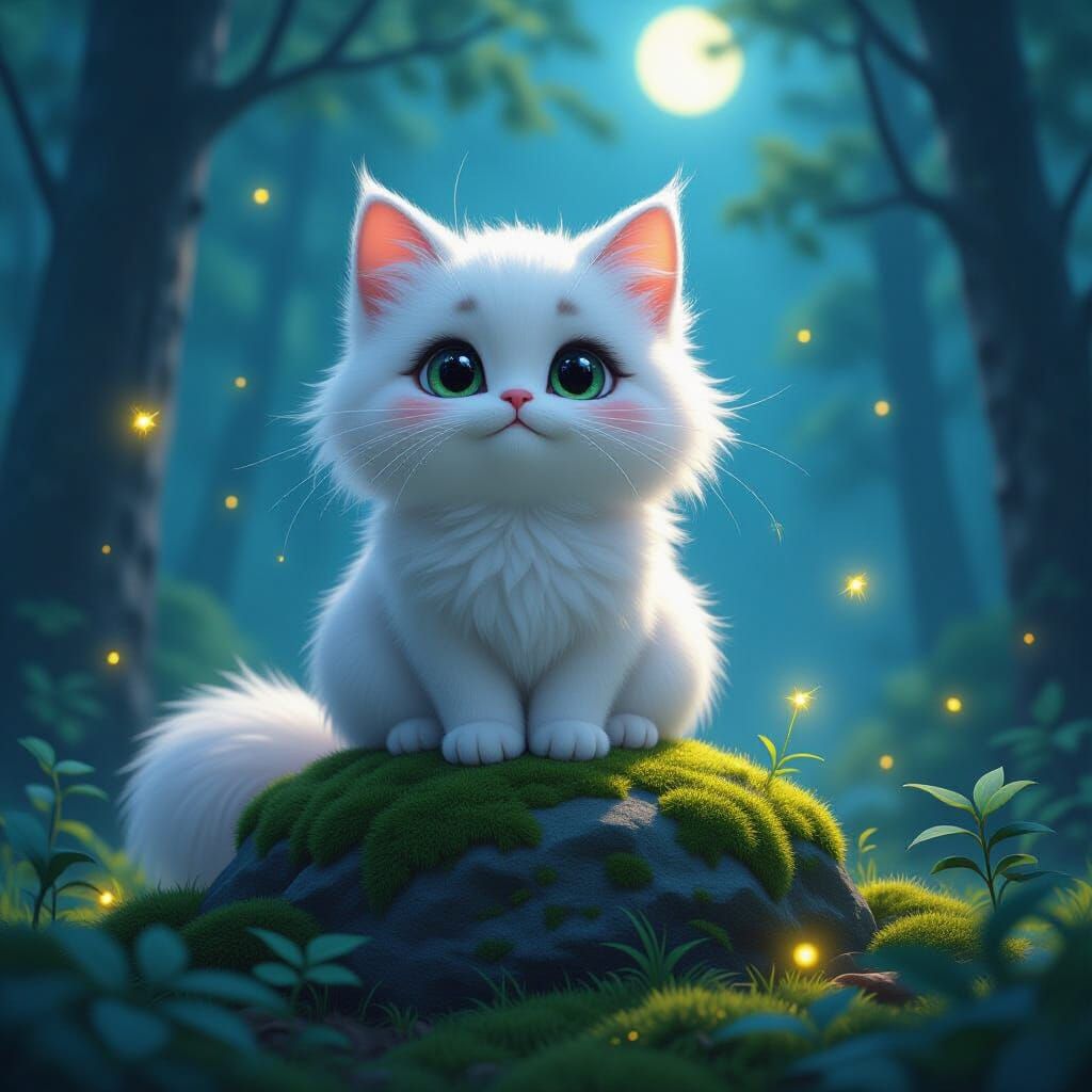 Fluffy Cat in Moonlit Forest Clearing with Fireflies