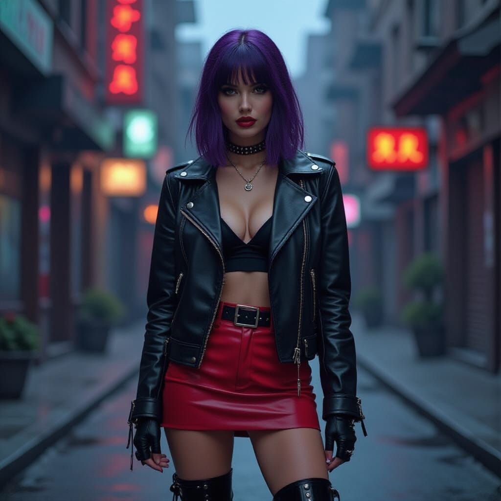 Neon Horror Portrait of Woman in Leather Jacket