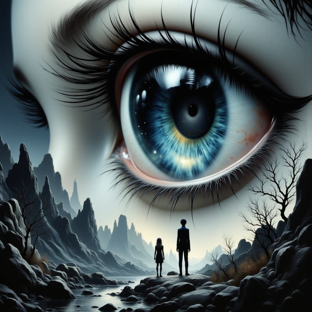 Surreal Eye with Swinging Figure in Ethereal Fantasy Style