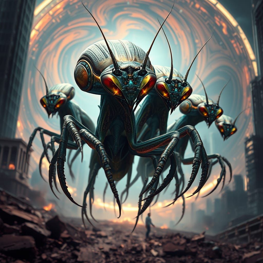 Mantis Aliens Invade a Ruined Earthscape in Hyperrealistic D...
