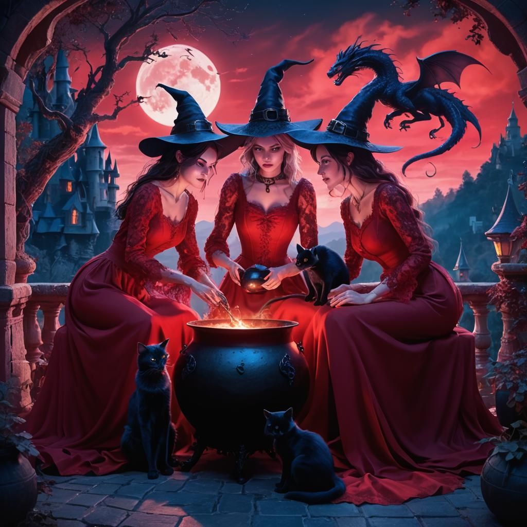 Witches' Meeting with Dragon in Moonlight, Fantasy Art