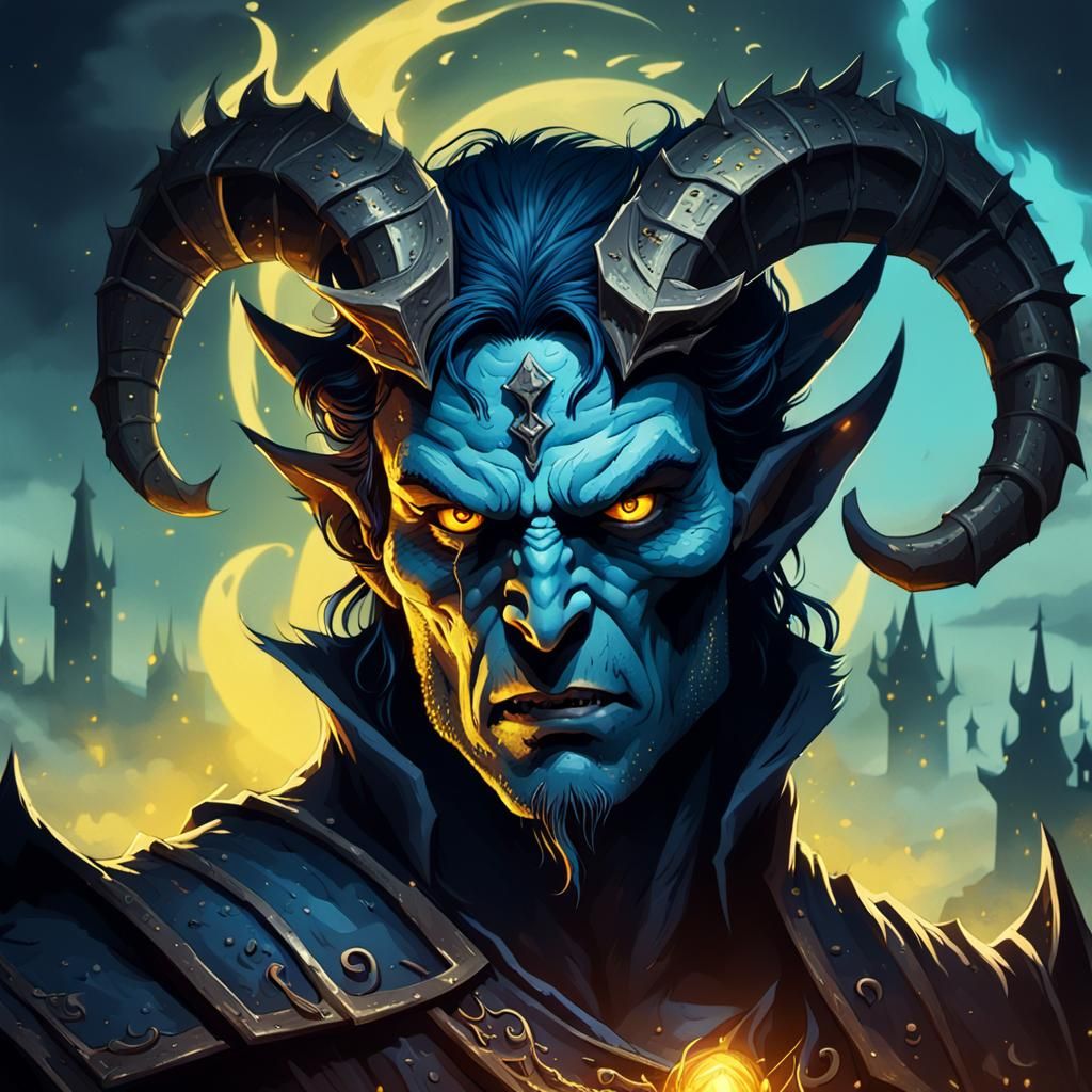 Demonic Blue Sorcerer in Medieval Fantasy Land