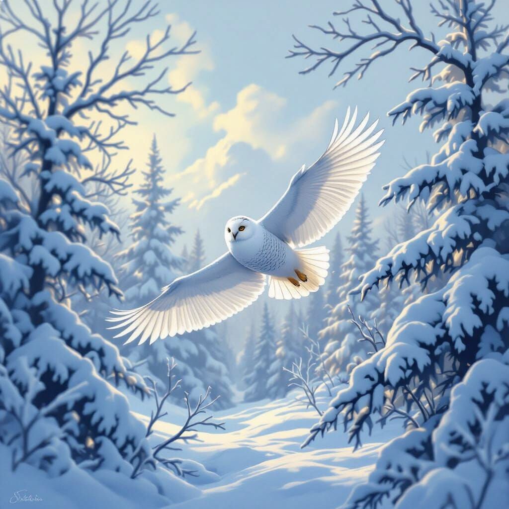 Snow Owl Soaring in a Winter Landscape