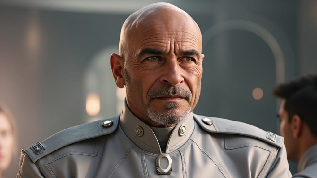 Middle-Aged Man in Metallic Uniform with Intense Silver Eyes